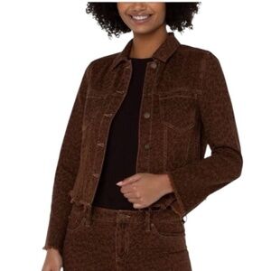 NEW Liverpool Cheetah Printed Crop Jacket Shredded Fray Hem Jean Jacket Size L